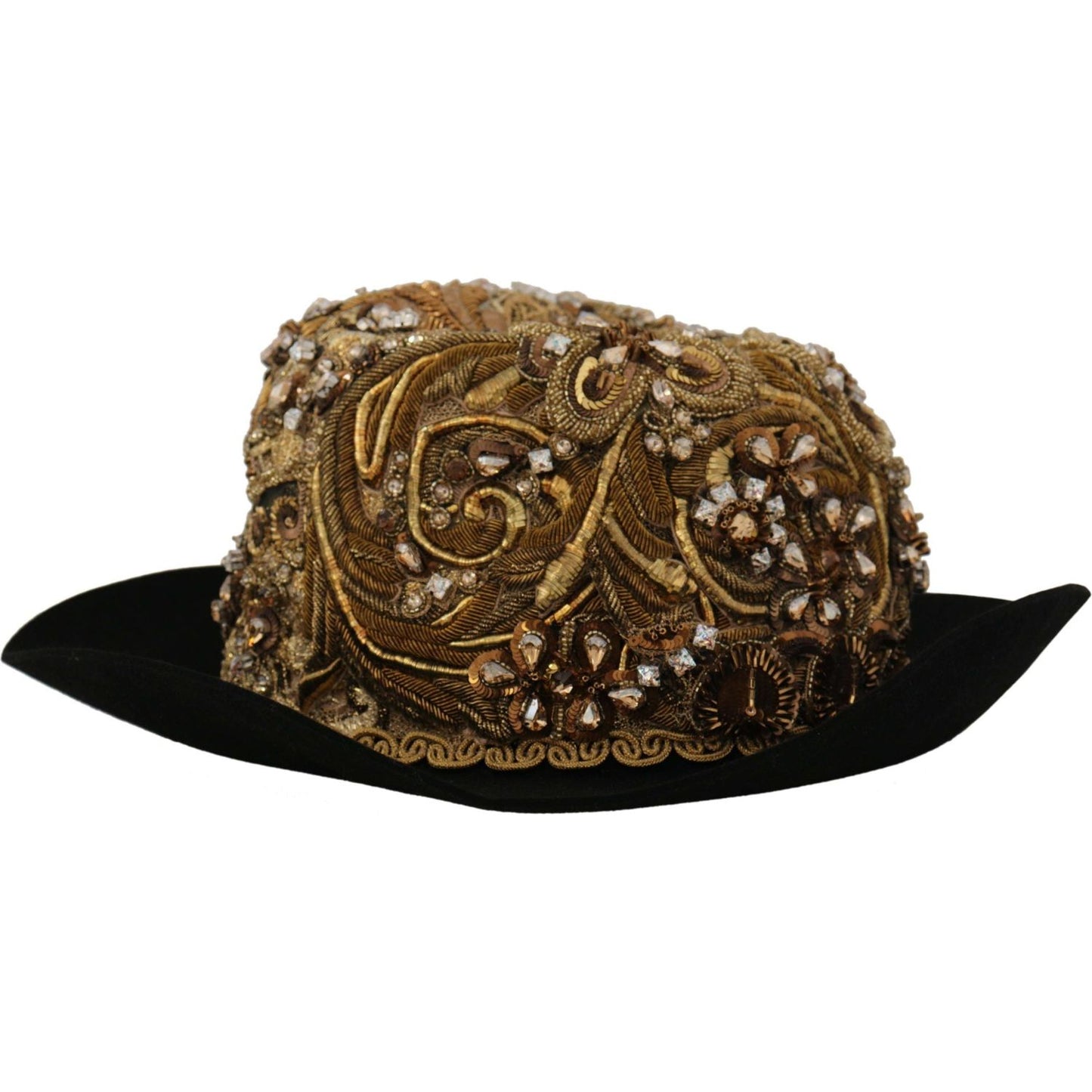 Dolce & Gabbana Elegant Black Gold Studded Fedora gold-embellished-crystal-rhinestone-embroidered-fedora-hat IMG_8555-scaled-5cf140a4-2f9.jpg