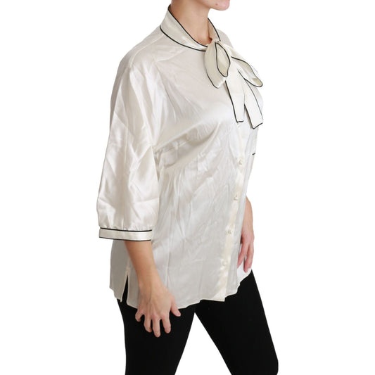 Dolce & Gabbana Elegant Beige Silk Blouse with Bow Scarf beige-3-4-sleeve-shirt-blouse-silk-top
