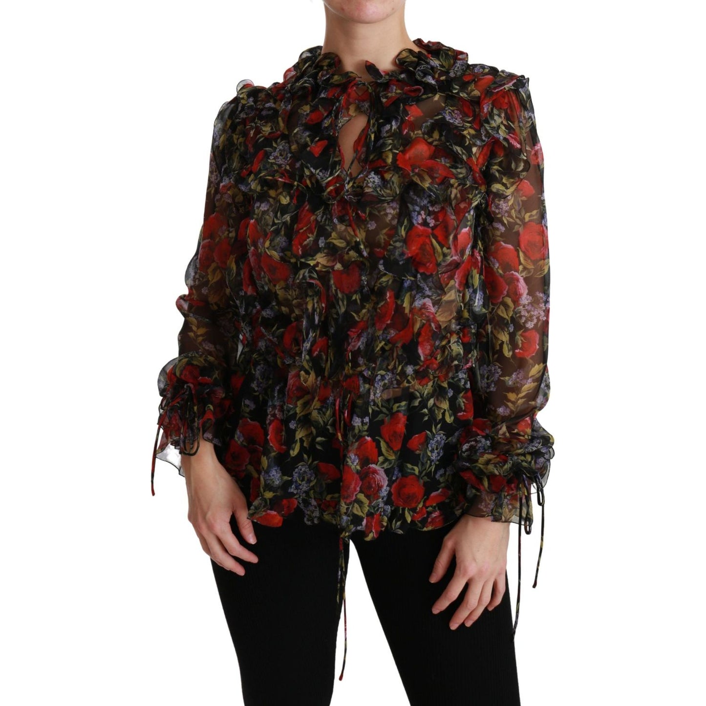 Dolce & Gabbana Elegant Floral Silk Long Sleeve Blouse black-floral-roses-blouse-silk-top