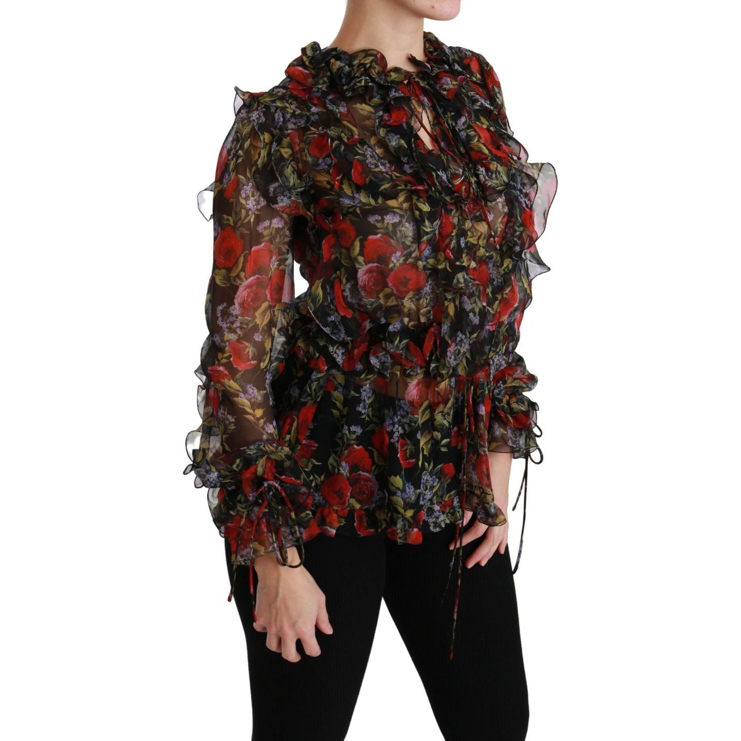 Dolce & Gabbana Elegant Floral Silk Long Sleeve Blouse black-floral-roses-blouse-silk-top