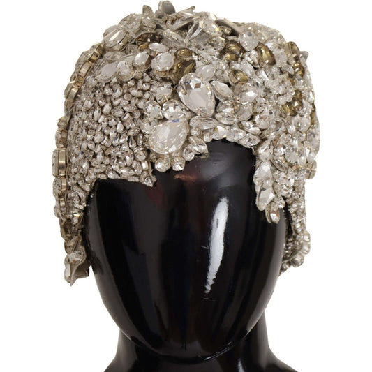 Dolce & Gabbana Elegant Crystal-Encrusted Cloche Hat silver-teardrop-beaded-casque-sequin-turban-headdress