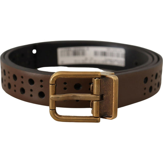 Dolce & Gabbana Elegant Brown Leather Belt with Golden Buckle brown-leather-perforated-crown-belt
