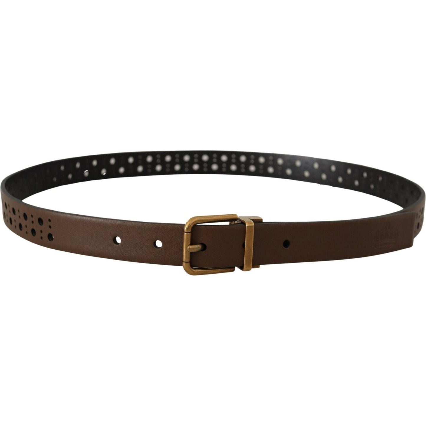 Dolce & Gabbana Elegant Brown Leather Belt with Golden Buckle brown-leather-perforated-crown-belt