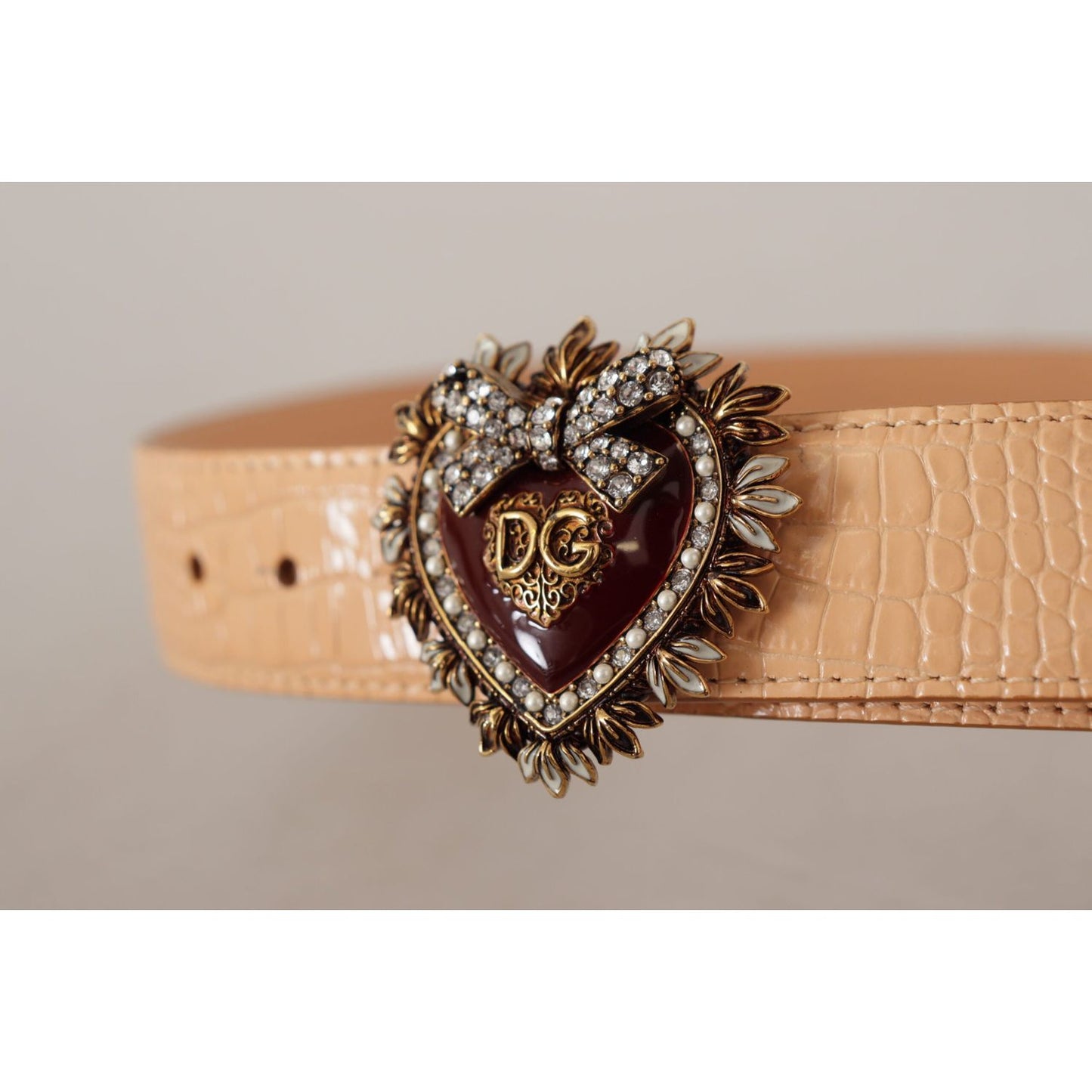 Dolce & Gabbana Enchanting Nude Leather Belt with Engraved Buckle beige-croc-pattern-devotion-heart-dg-waist-buckle-belt
