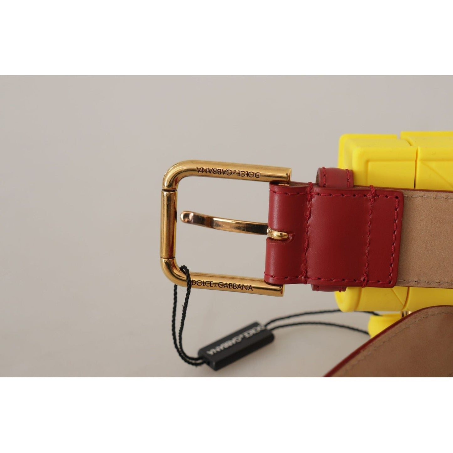 Dolce & Gabbana Elegant Red Leather Engraved Buckle Belt red-leather-yellow-devotion-heart-bag-buckle-belt