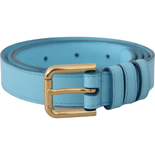 Dolce & Gabbana Elegant Sky Blue Leather Belt with Logo Buckle sky-blue-leather-gold-tone-metal-logo-buckle-belt