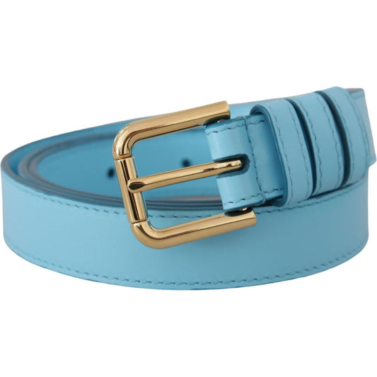 Dolce & Gabbana Elegant Sky Blue Leather Belt with Logo Buckle sky-blue-leather-gold-tone-metal-logo-buckle-belt