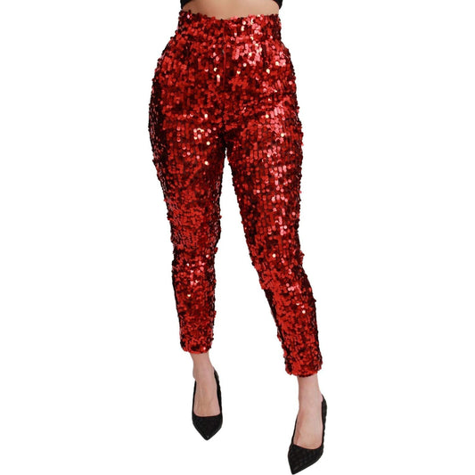 Dolce & Gabbana Elegant High-Waist Cropped Red Trousers red-sequined-cropped-trousers-pants