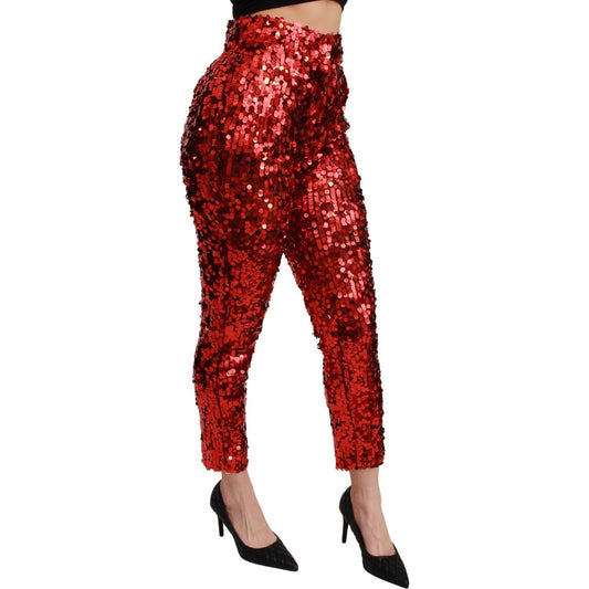 Dolce & Gabbana Elegant High-Waist Cropped Red Trousers red-sequined-cropped-trousers-pants