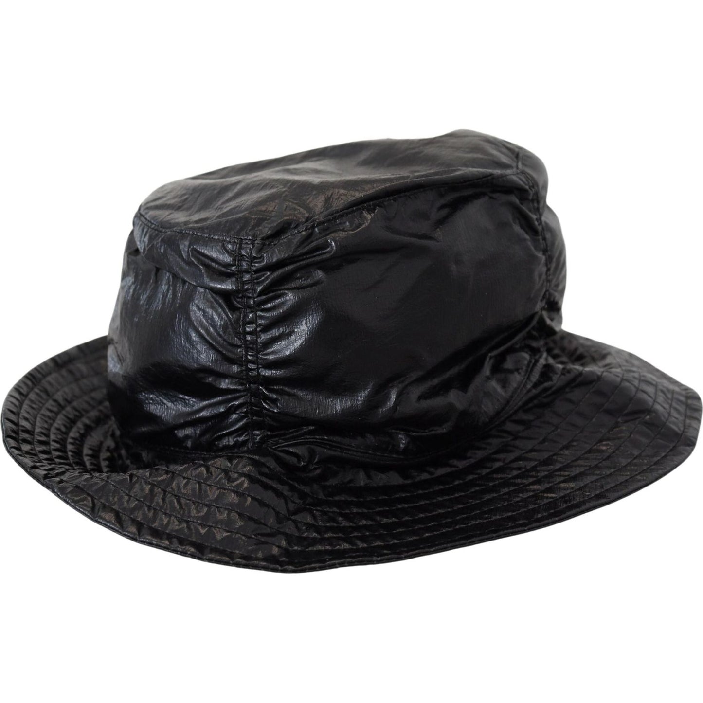 Dolce & Gabbana Sleek Black Bucket Cap with Logo Detail black-quilted-faux-leather-women-bucket-cap-hat-1
