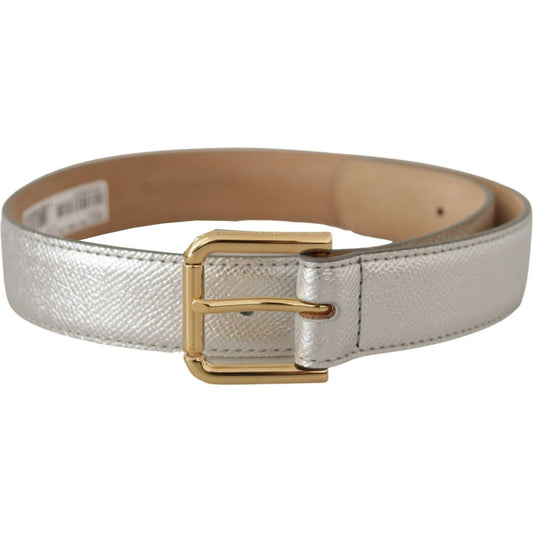 Dolce & Gabbana Elegant Silver Leather Belt with Engraved Buckle silver-leather-gold-tone-logo-metal-waist-buckle-belt