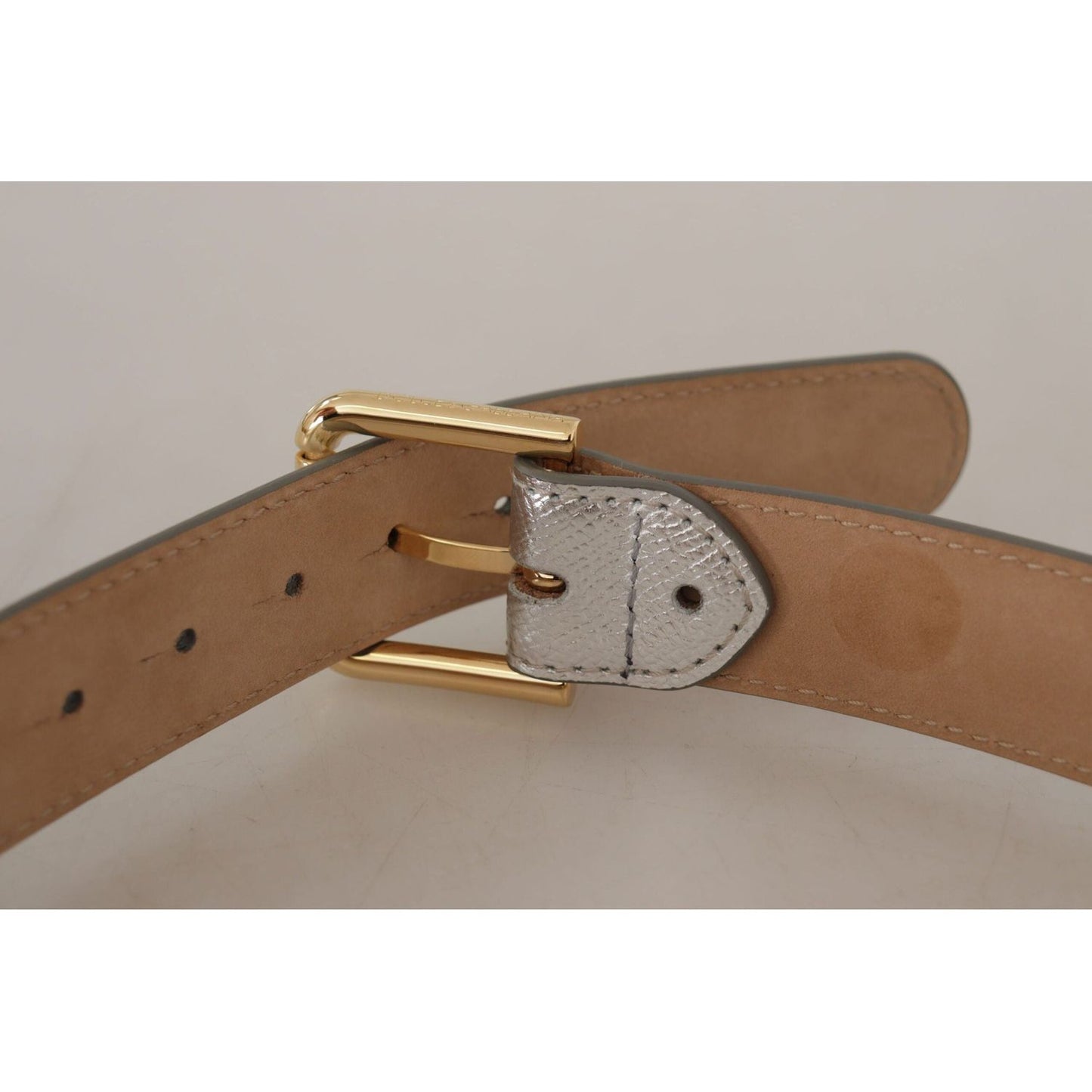 Dolce & Gabbana Elegant Silver Leather Belt with Engraved Buckle silver-leather-gold-tone-logo-metal-waist-buckle-belt