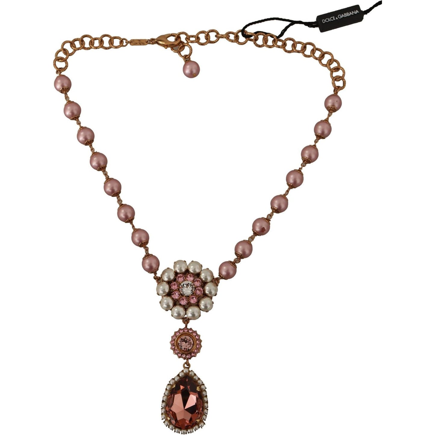Dolce & Gabbana Elegant Gold Tone Faux Pearl Charm Necklace WOMAN NECKLACE gold-tone-brass-pink-beaded-pearls-crystal-pendant-necklace