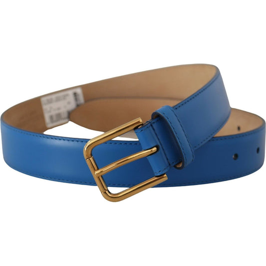 Dolce & Gabbana Elegant Blue Leather Belt with Engraved Buckle blue-leather-gold-tone-logo-metal-waist-buckle-belt
