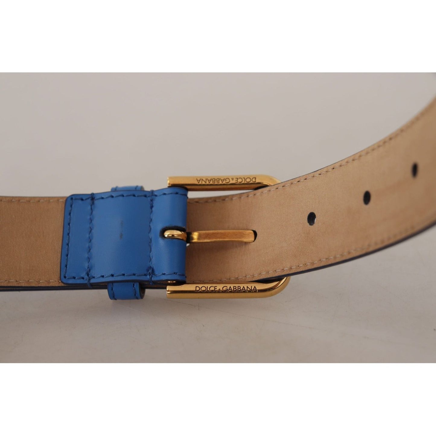 Dolce & Gabbana Elegant Blue Leather Belt with Engraved Buckle blue-leather-gold-tone-logo-metal-waist-buckle-belt