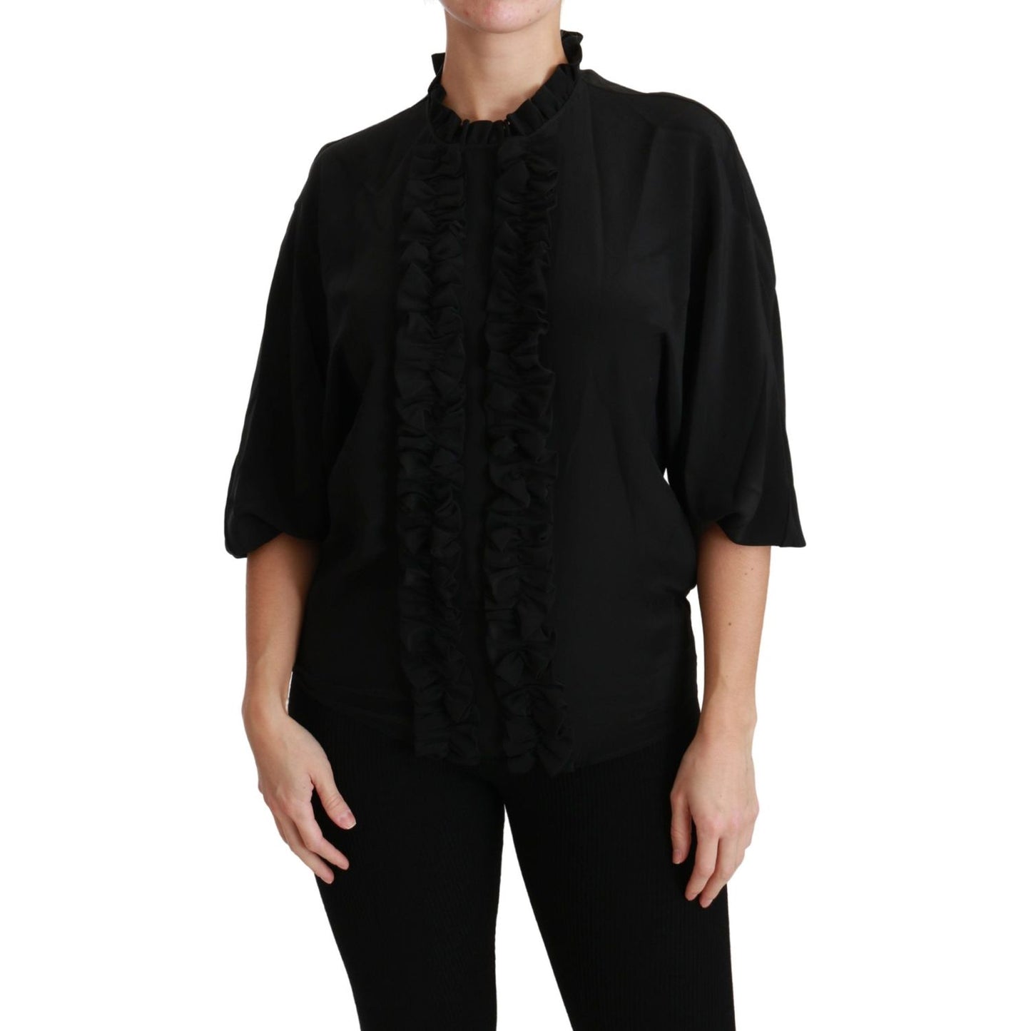 Dolce & Gabbana Elegant Black Silk Short Sleeve Blouse black-silk-shirt-ruffled-top-blouse