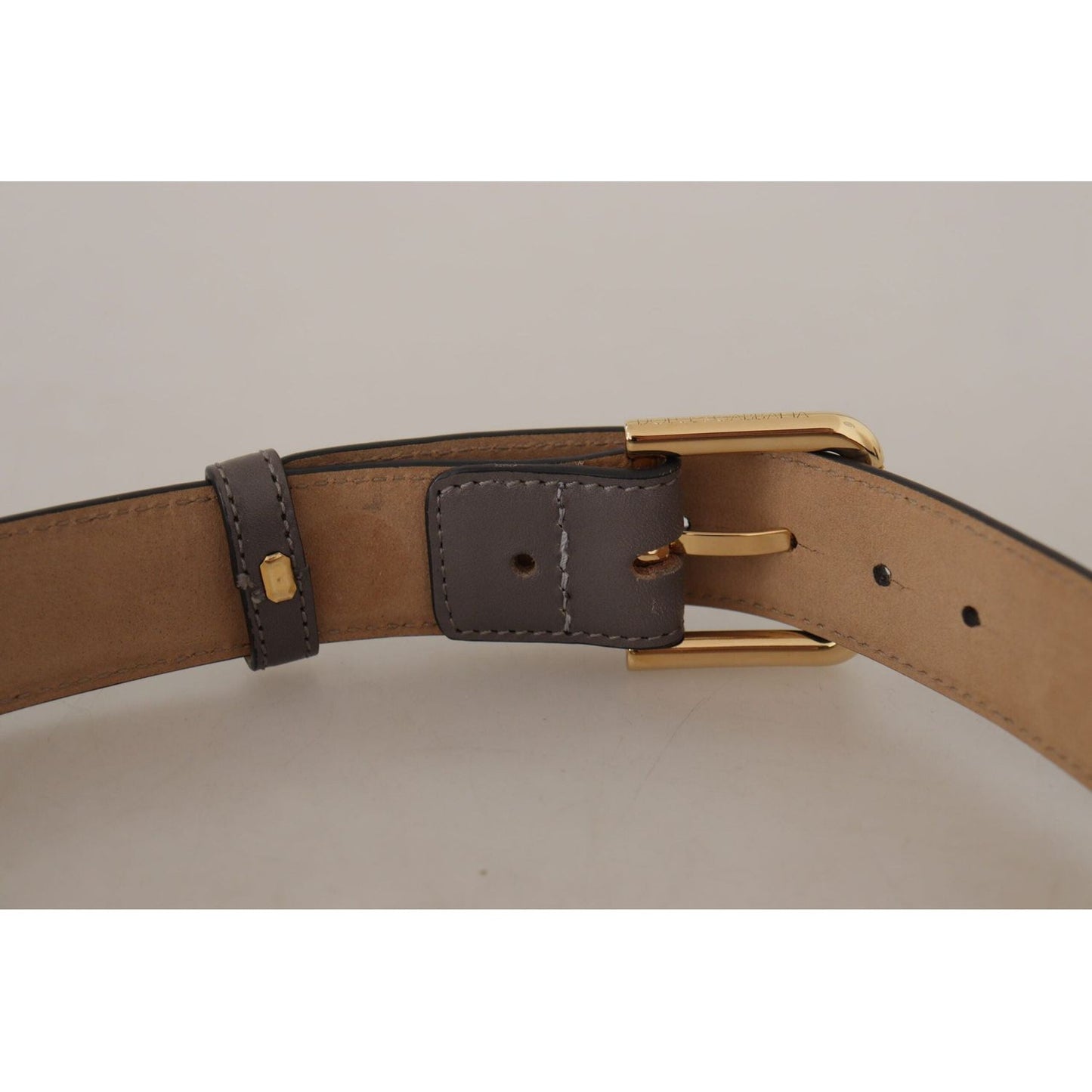 Dolce & Gabbana Elegant Engraved Buckle Leather Belt gray-calfskin-leather-gold-metal-logo-buckle-belt