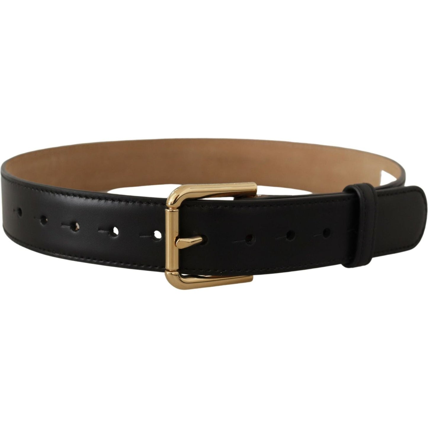 Dolce & Gabbana Elegant Leather Belt with Logo Buckle black-solid-leather-classic-gold-waist-buckle-belt IMG_8917-scaled-d08f52e6-0ac.jpg