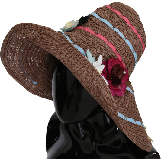 Dolce & Gabbana Elegant Floppy Straw Hat with Floral Accents brown-floral-wide-brim-straw-floppy-cap-hat Hat IMG_8941-scaled-860209a3-fd4.jpg