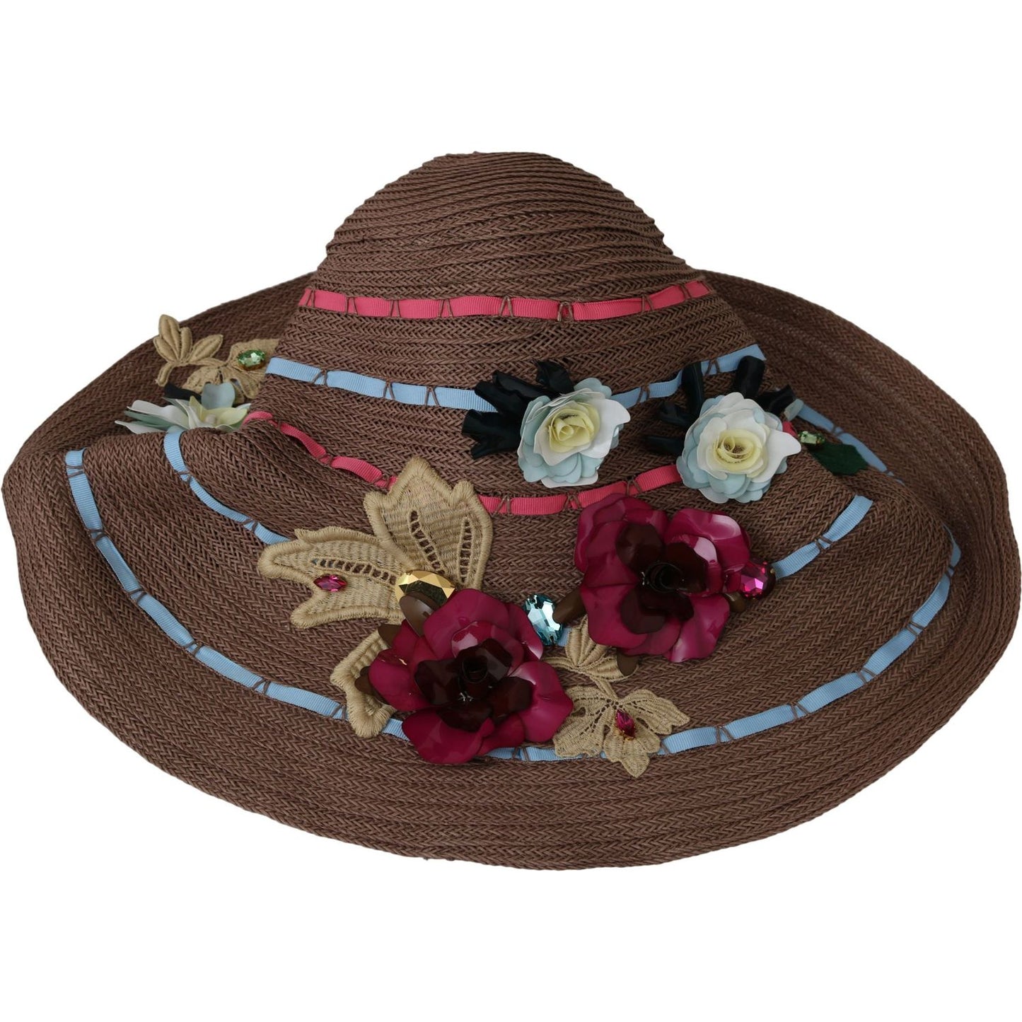 Dolce & Gabbana Elegant Floppy Straw Hat with Floral Accents Hat brown-floral-wide-brim-straw-floppy-cap-hat