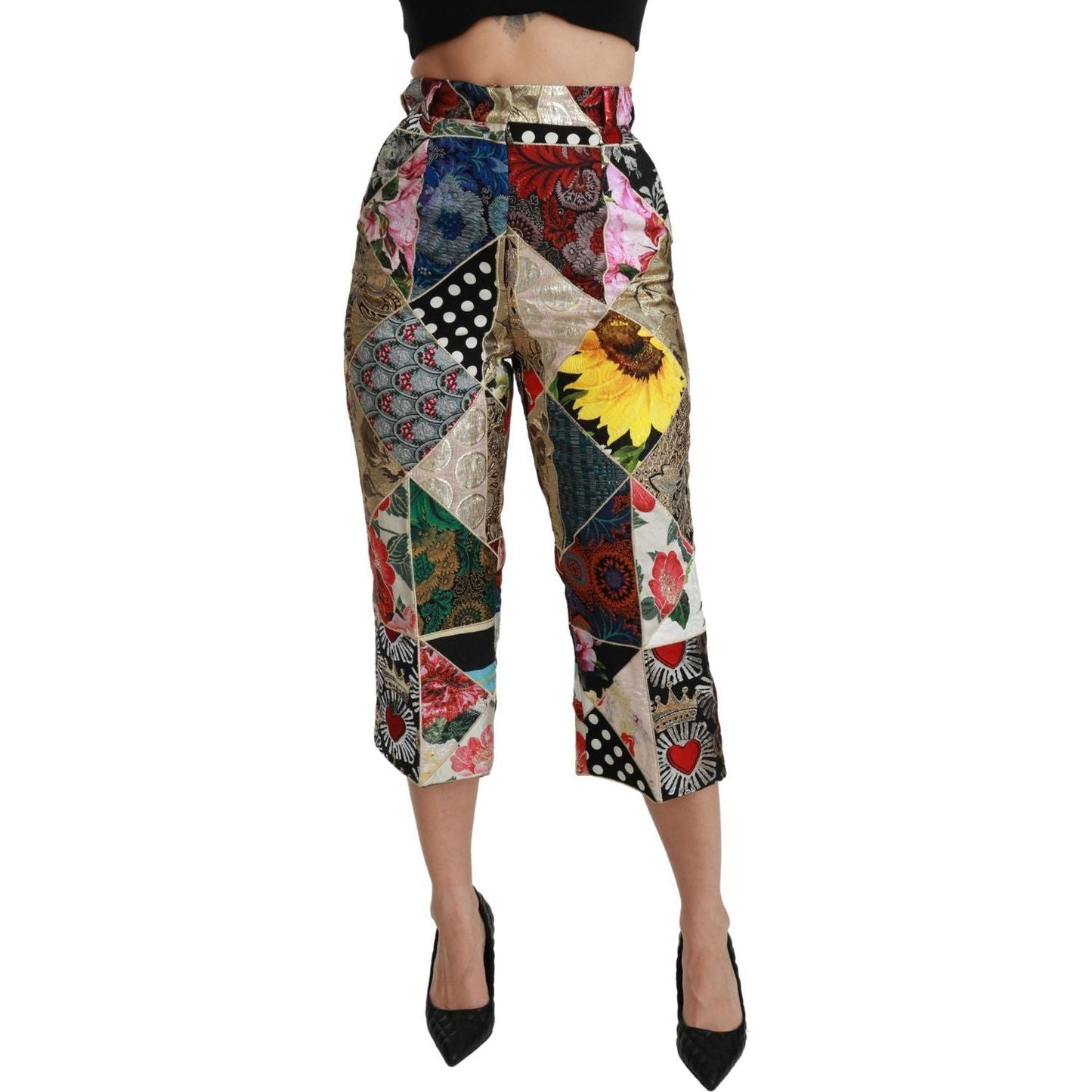 Dolce & Gabbana Elegant High Waist Cropped Silk Blend Trousers silk-multicolor-print-high-waist-cropped-pants