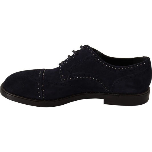 Dolce & Gabbana Elegant Suede Derby Shoes with Silver Studs Dress Shoes blue-suede-leather-derby-studded-shoes