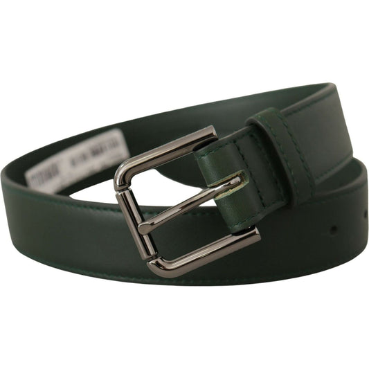 Dolce & Gabbana Elegant Dark Green Leather Belt with Logo Buckle army-green-leather-logo-metal-waist-buckle-belt