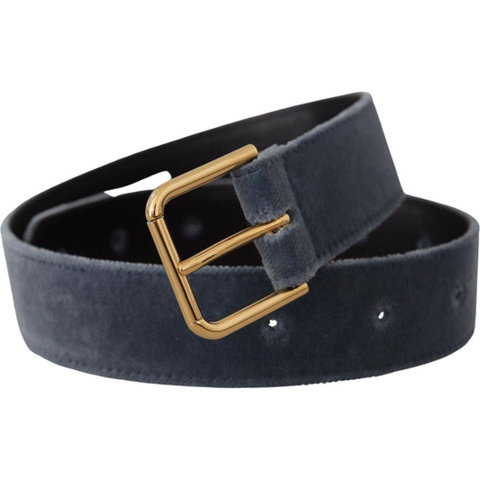 Dolce & Gabbana Elegant Navy Velvet Designer Belt navy-blue-velvet-gold-metal-logo-waist-buckle-belt