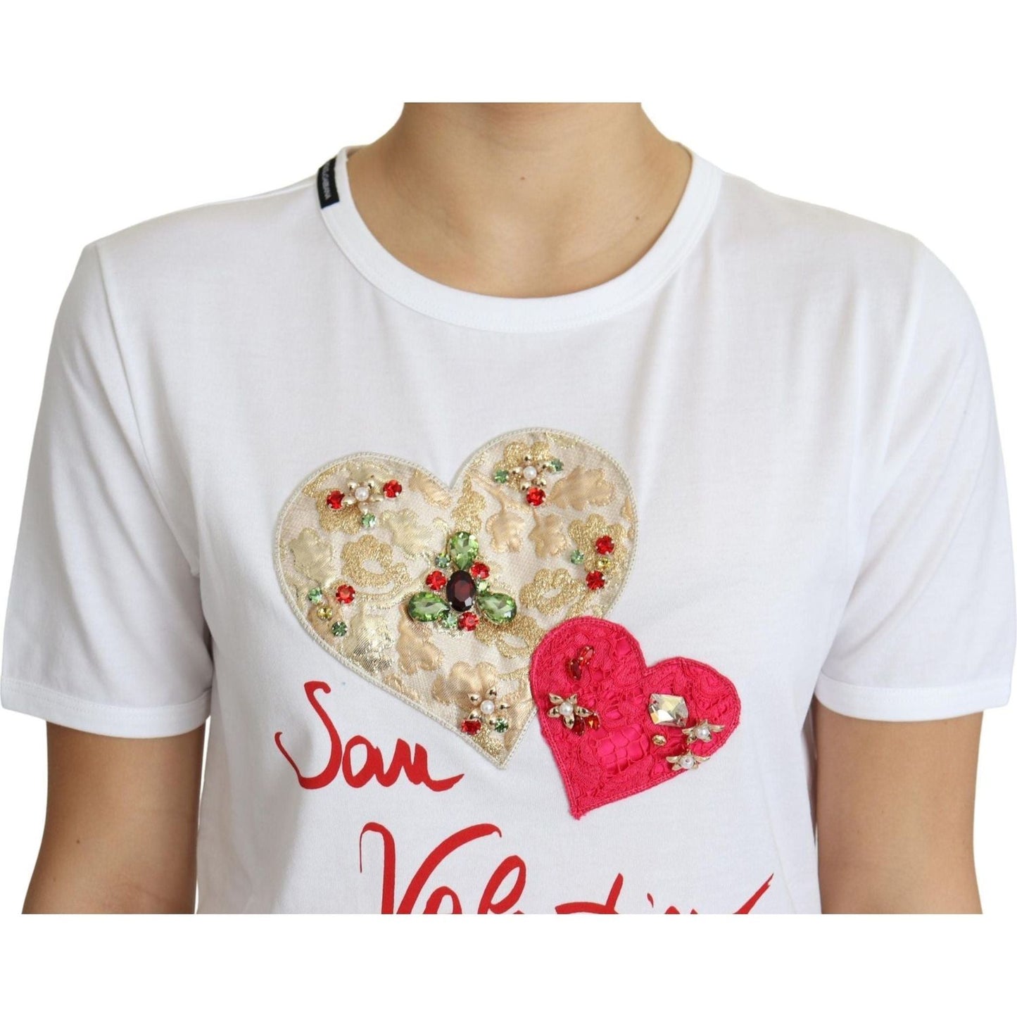Dolce & Gabbana Crystal-Embellished White Cotton Tee white-san-valentino-heart-crystals-t-shirt-top