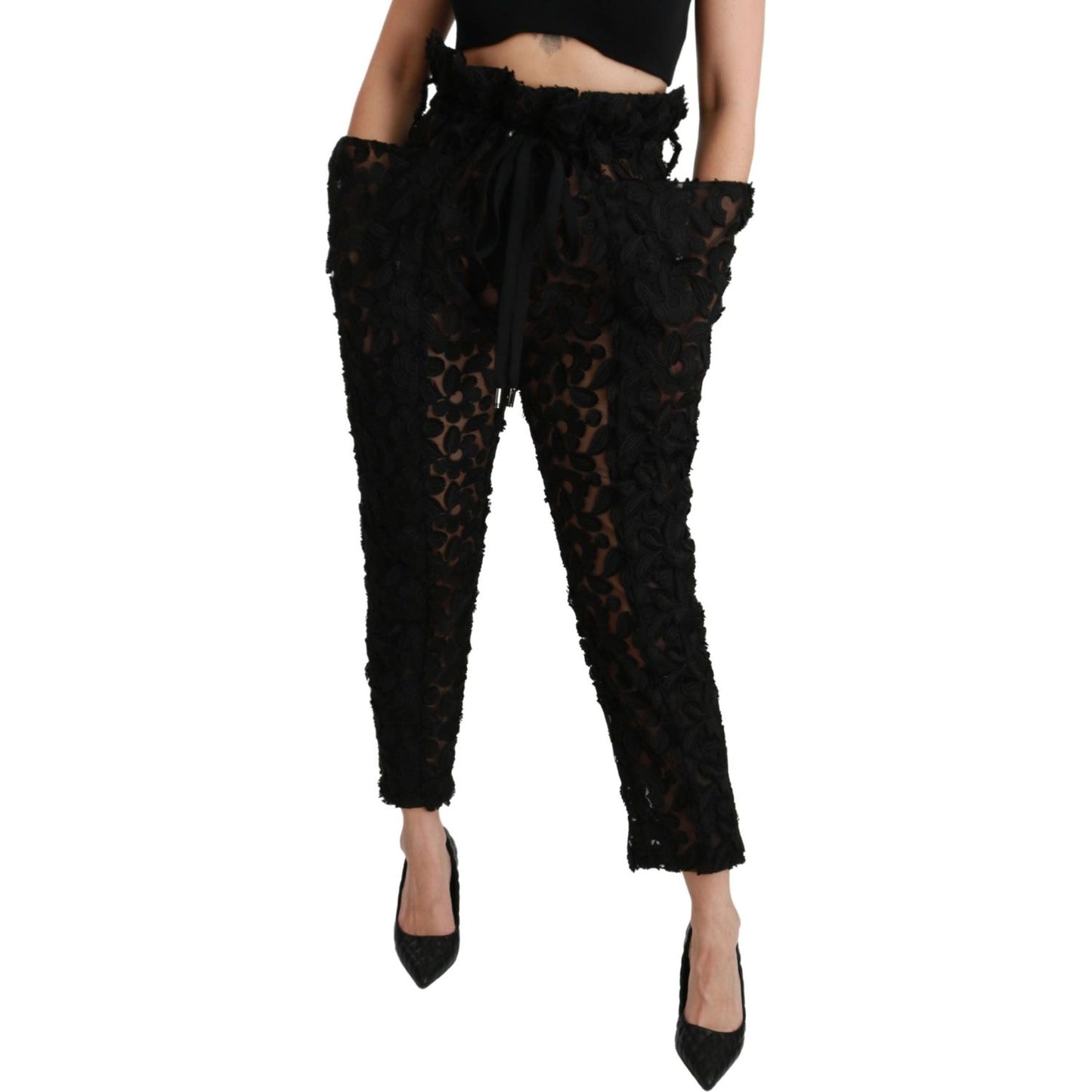 Dolce & Gabbana Chic Tapered High Waist Lace Pants Jeans & Pants black-floral-lace-tapered-high-waist-pants