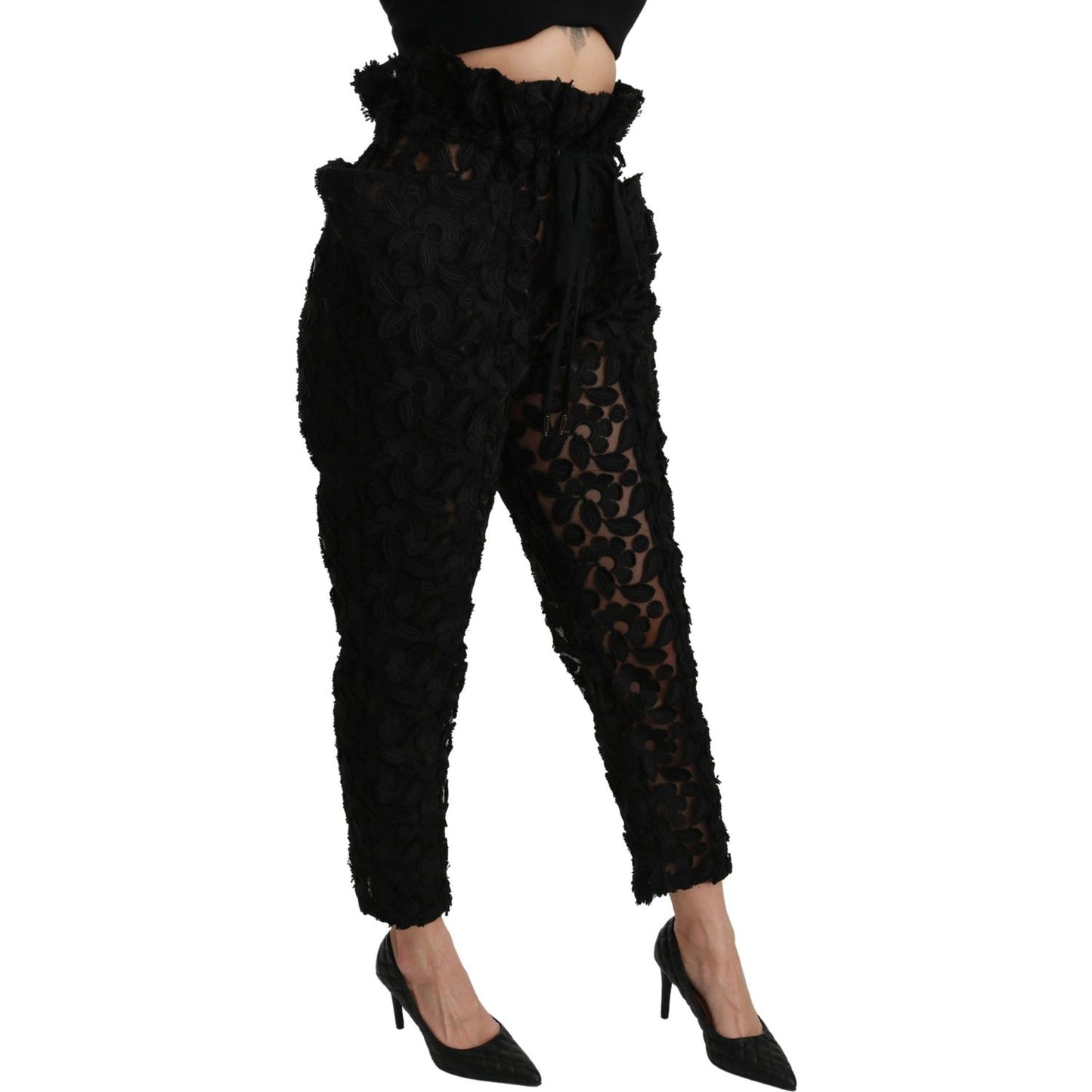 Dolce & Gabbana Chic Tapered High Waist Lace Pants Jeans & Pants black-floral-lace-tapered-high-waist-pants