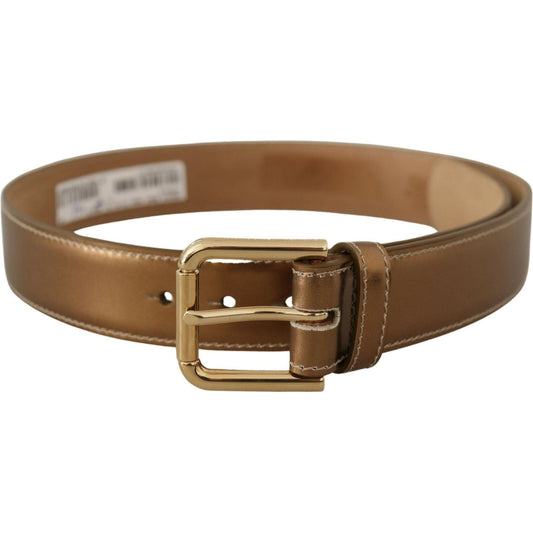 Dolce & Gabbana Elegant Bronze Leather Belt with Logo Buckle bronze-calf-leather-gold-logo-waist-buckle-belt