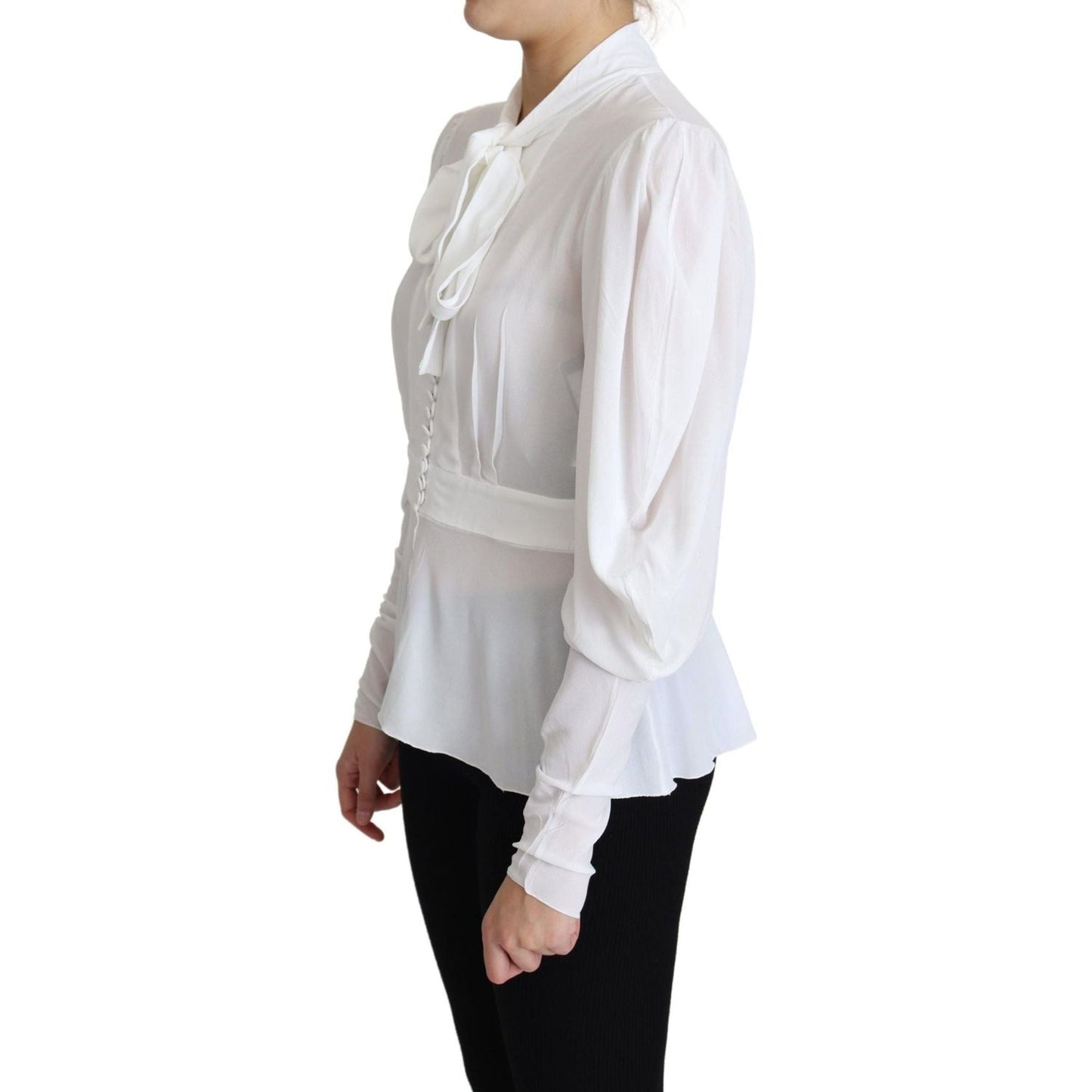 Dolce & Gabbana Elegant Snow-White Viscose Blouse white-blouse-ascot-collar-lantern-sleeves-top