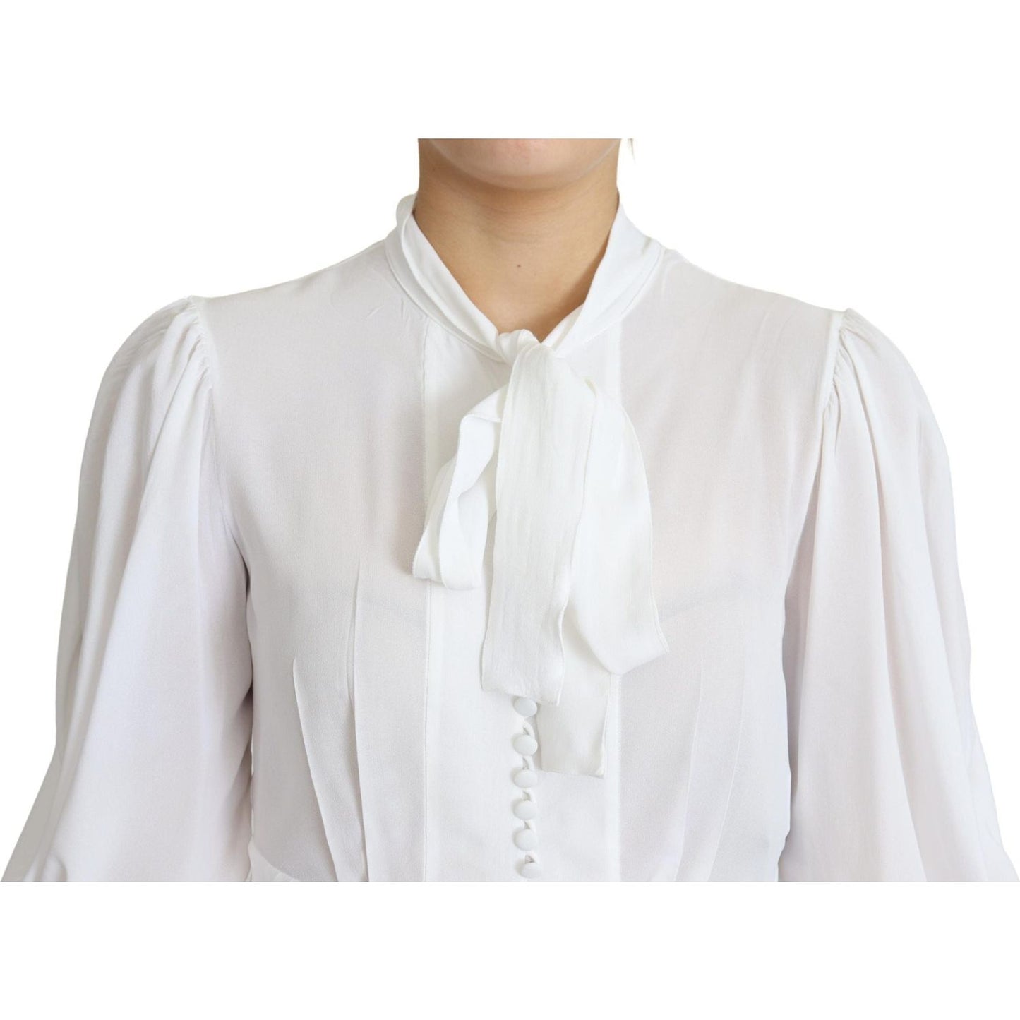 Dolce & Gabbana Elegant Snow-White Viscose Blouse white-blouse-ascot-collar-lantern-sleeves-top