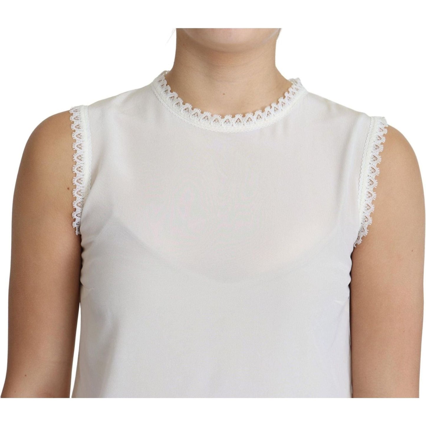 Dolce & Gabbana Elegant Silk Lace-Detailed Sleeveless Blouse white-blouse-silk-lace-trimmed-sleeveless-top
