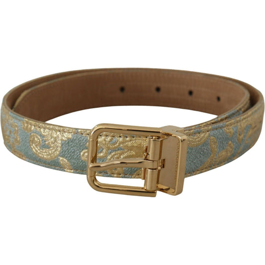 Dolce & Gabbana Elegant Light Blue Leather Belt with Gold Buckle blue-leather-jacquard-embossed-gold-metal-buckle-belt