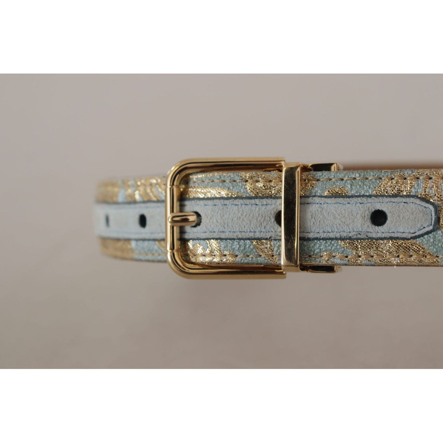 Dolce & Gabbana Elegant Light Blue Leather Belt with Gold Buckle blue-leather-jacquard-embossed-gold-metal-buckle-belt