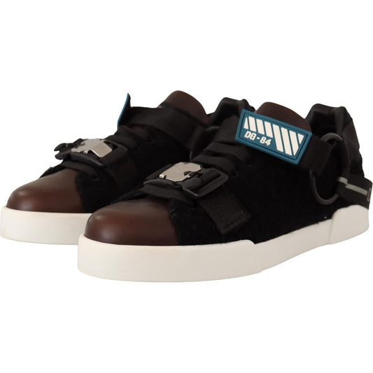 Dolce & Gabbana Shearling-Trimmed Leather Sneakers brown-leather-black-shearling-sneakers