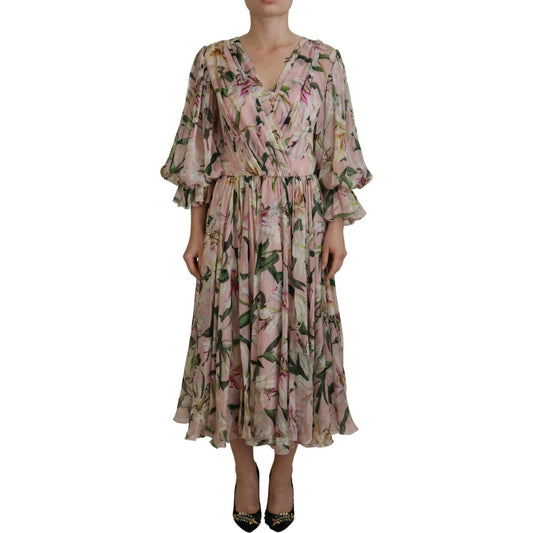 Dolce & Gabbana Floral Silk Maxi Dress with Back Zipper pink-lily-print-silk-a-line-pleated-maxi-dress
