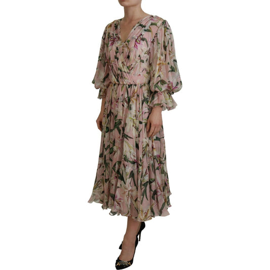 Dolce & Gabbana Floral Silk Maxi Dress with Back Zipper pink-lily-print-silk-a-line-pleated-maxi-dress