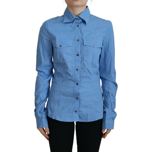 Ferre Elegant Blue Cotton Long Sleeve Polo Top blue-cotton-long-sleeves-collared-button-down-top