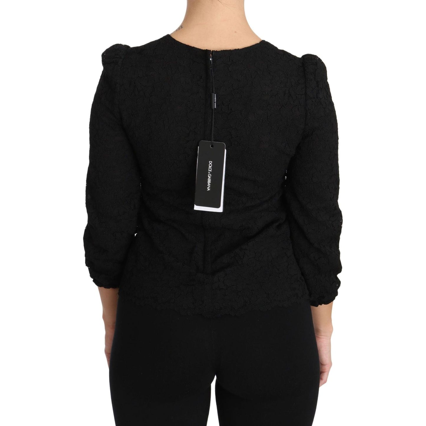 Dolce & Gabbana Elegant Black Floral Crewneck Blouse black-floral-lace-zipper-top-blouse