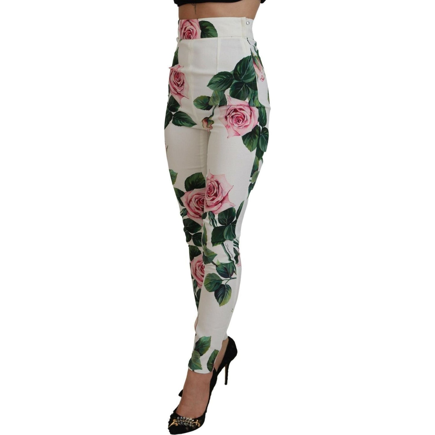 Dolce & Gabbana Elegant High Waist Floral Trousers white-rose-print-high-waist-pants