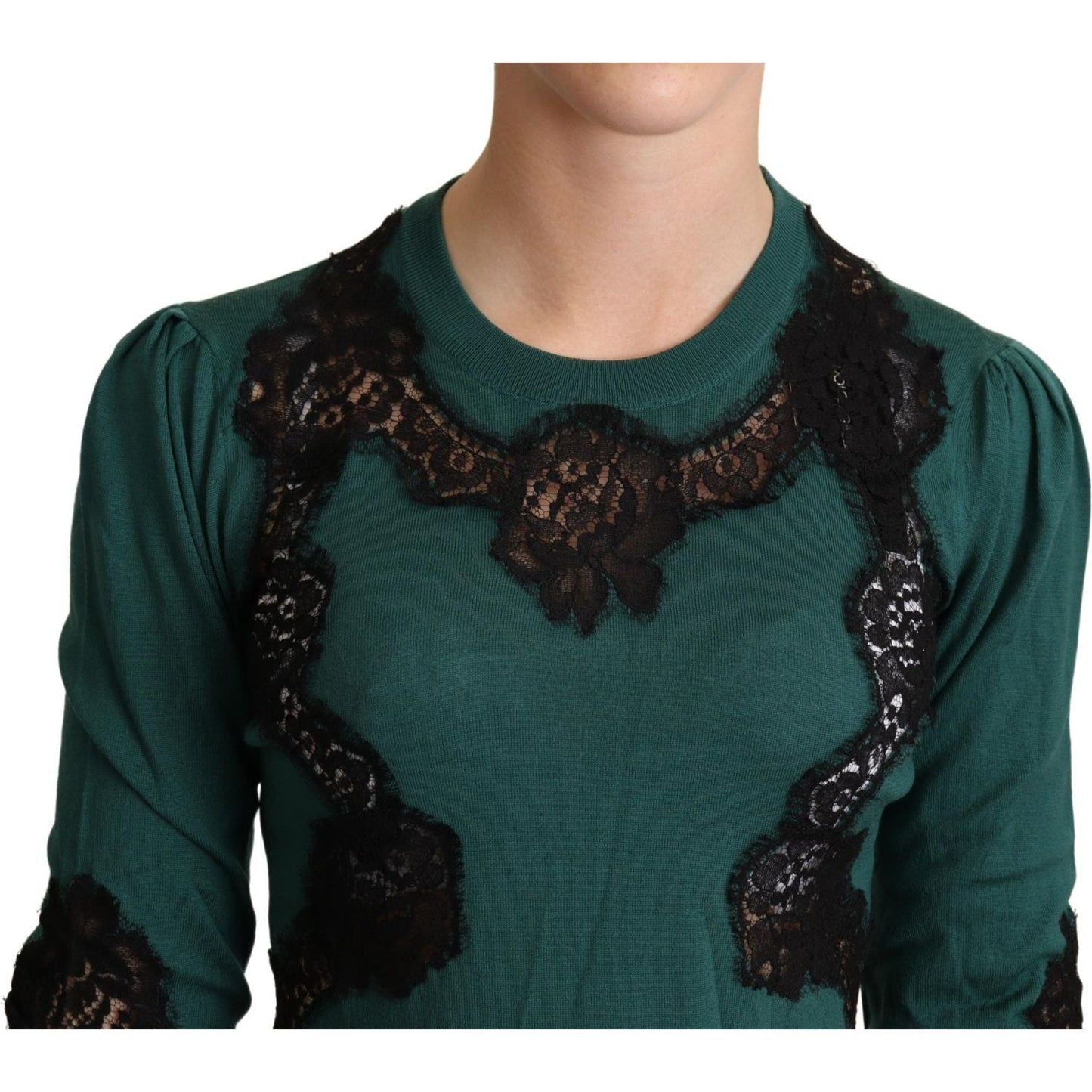 Dolce & Gabbana Elegant Green Pullover with Black Lace Detail green-wool-crewneck-sweater