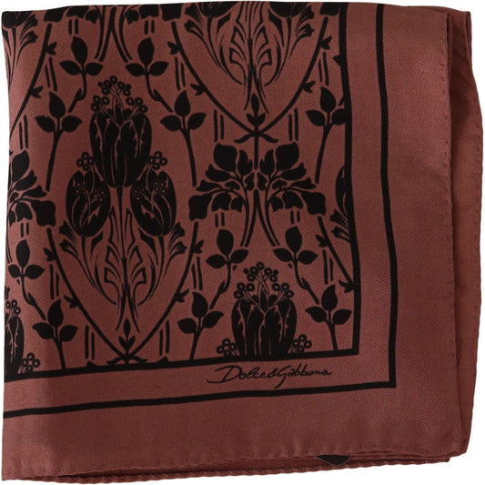 Dolce & Gabbana Elegant Floral Silk Pocket Square Scarves brown-floral-silk-square-handkerchief-scarf