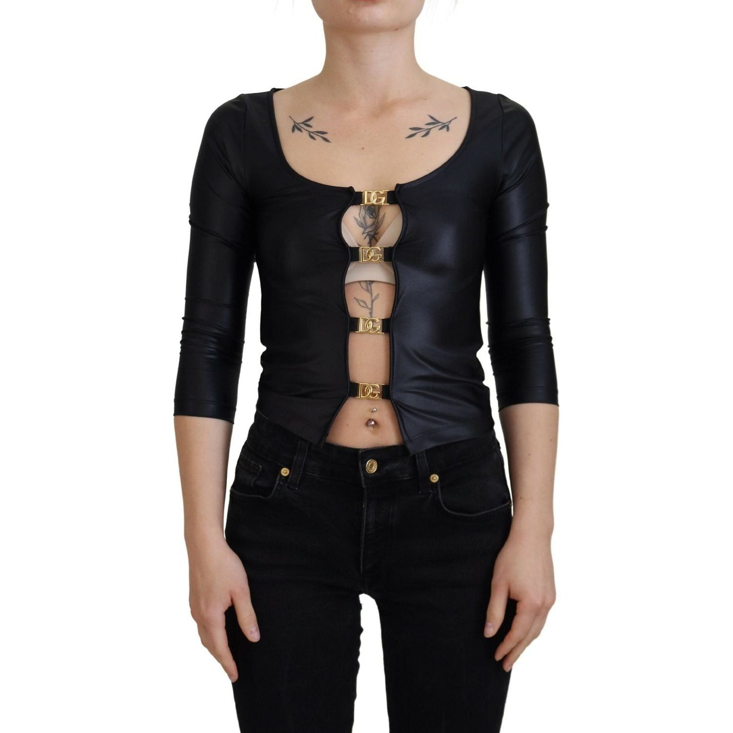Dolce & Gabbana Elegant Black 3/4 Sleeve Top with Gold Detailing black-cotton-stretch-open-chest-3-4-sleeve-top