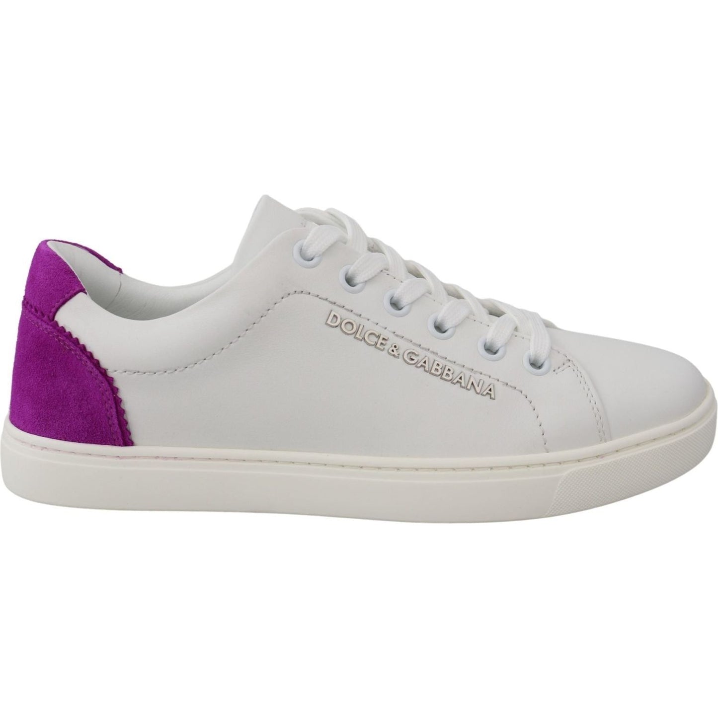 Dolce & Gabbana Chic White Leather Sneakers with Purple Accents WOMAN SNEAKERS white-purple-leather-logo-womens-shoes IMG_9737-scaled-2c51ddb9-18d.jpg