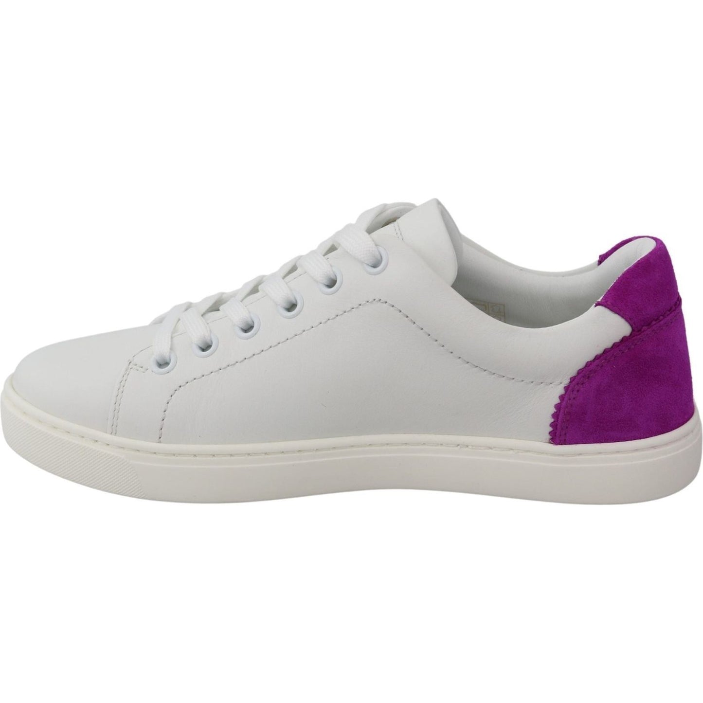 Dolce & Gabbana Chic White Leather Sneakers with Purple Accents WOMAN SNEAKERS white-purple-leather-logo-womens-shoes IMG_9738-a36369c3-988.jpg