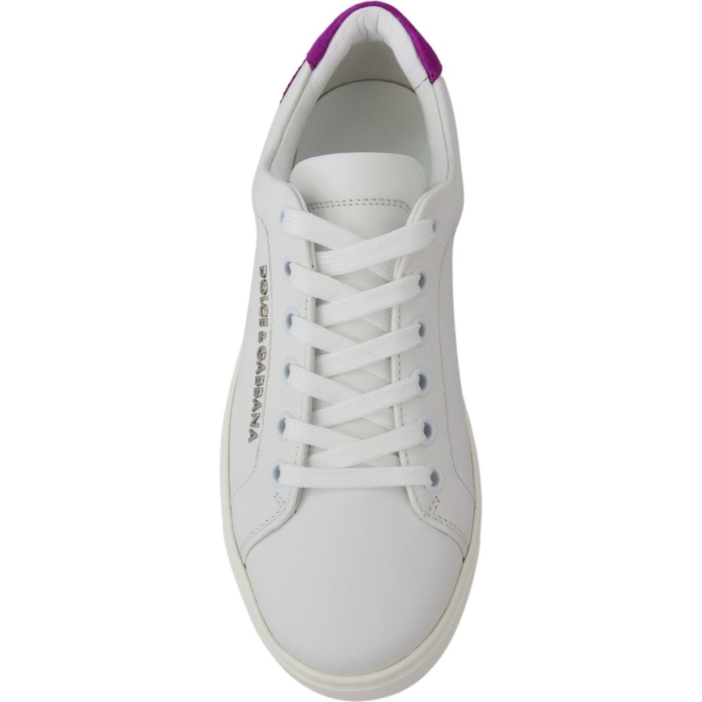 Dolce & Gabbana Chic White Leather Sneakers with Purple Accents WOMAN SNEAKERS white-purple-leather-logo-womens-shoes IMG_9740-0f2ce5d2-5f3.jpg