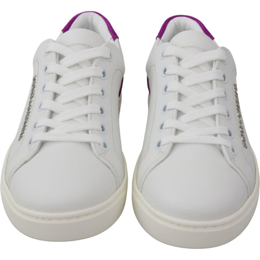 Dolce & Gabbana Chic White Leather Sneakers with Purple Accents WOMAN SNEAKERS white-purple-leather-logo-womens-shoes